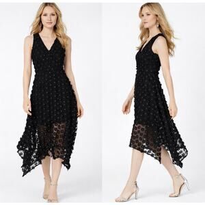Kensie Black 3D Floral Asymmetrical Hem Dress Size 4 Gold Dot Sleeveless V-Neck